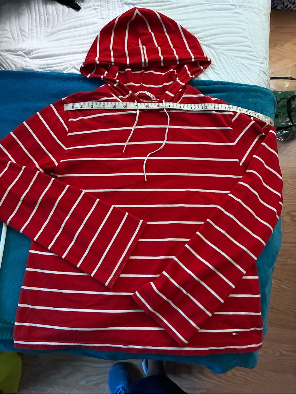 Tommy Hilfiger Red and White Striped Hooded Crewneck Sweater